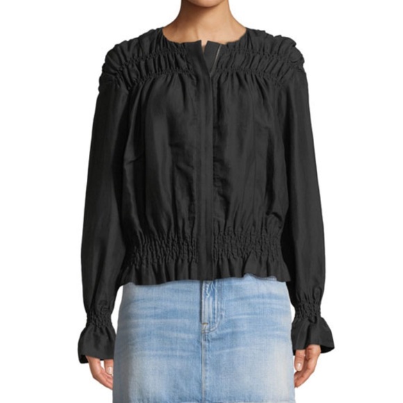 Frame Denim Jackets & Blazers - SOLD FRAME Smocked Zip Front Black Linen Jacket
